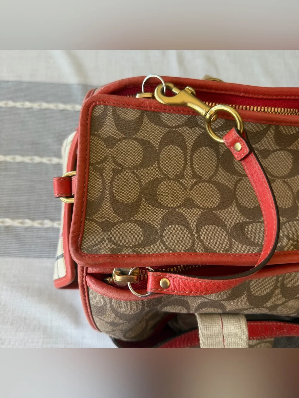 Rare Coach Heritage Stripe Pet Carrier Dog Purse Old Money Luxury Travel Orange